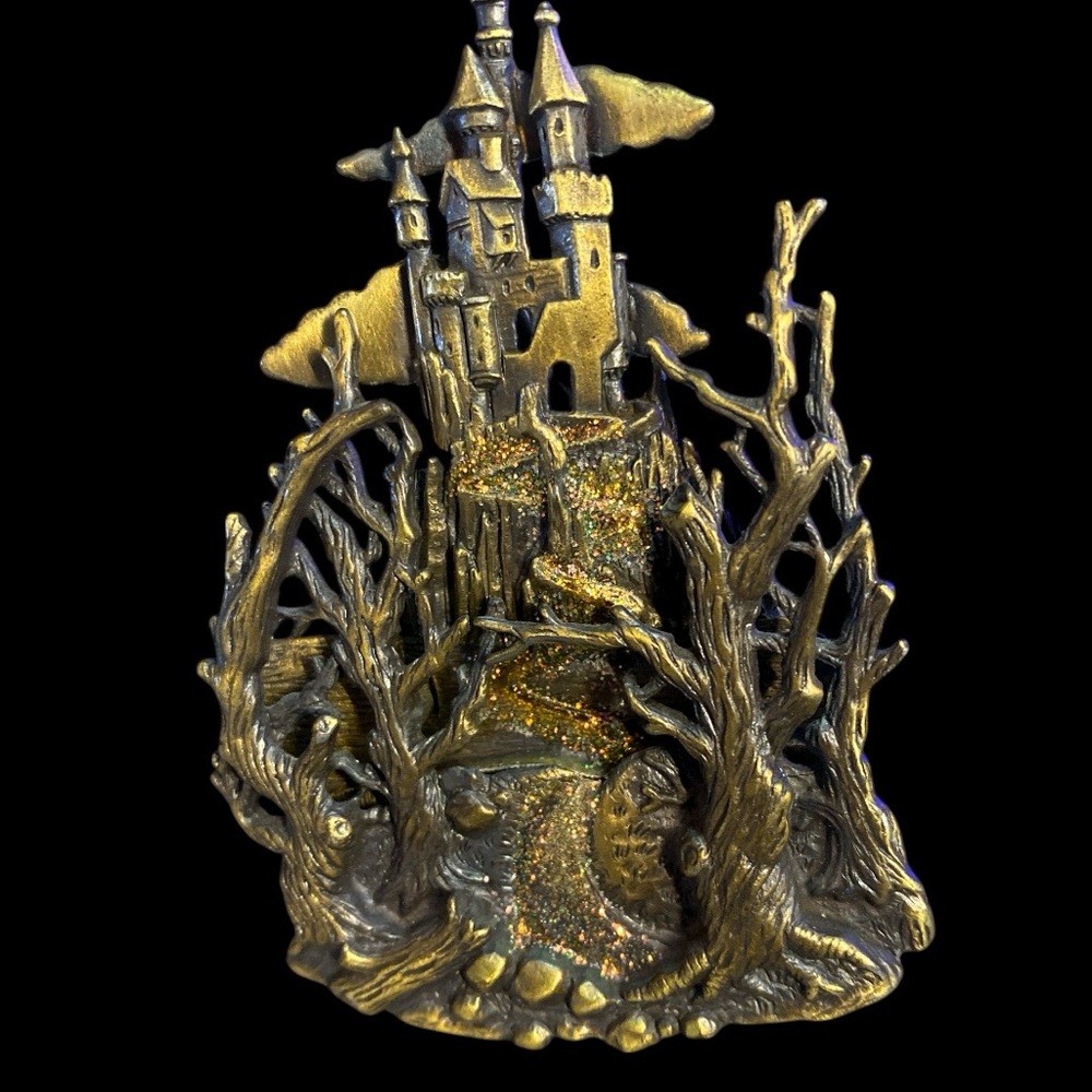 Vintage JJ Fantasy Castle Brooch Gold Tone Mystical Woodland Glitter Path - Picture 1 of 6